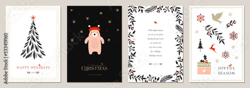 Winter Scandinavian Holiday cards. Christmas templates with decorative Christmas Tree, Teddy Bear, gift box, Dove, snowflakes, ornate floral background and frame with copy space, birds and greetings.