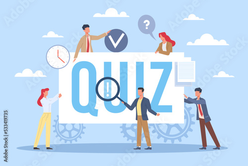 Quiz, puzzle, brain gameplay, entertainment competition, mental challenge. Tiny people and plate with text. Characters team work. Questions and answers. Vector cartoon flat business concept