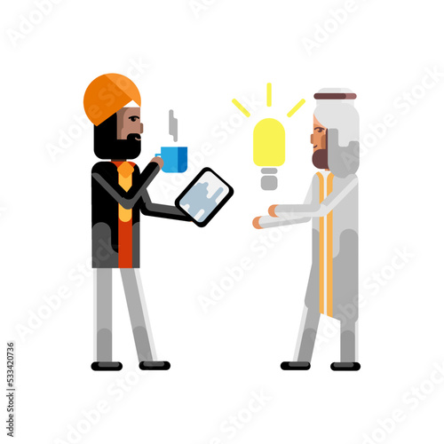 Arabic man holding idea light bulb and indian businessman with coffee cup and tablet pc. Corporate multicultural business people vector illustration.