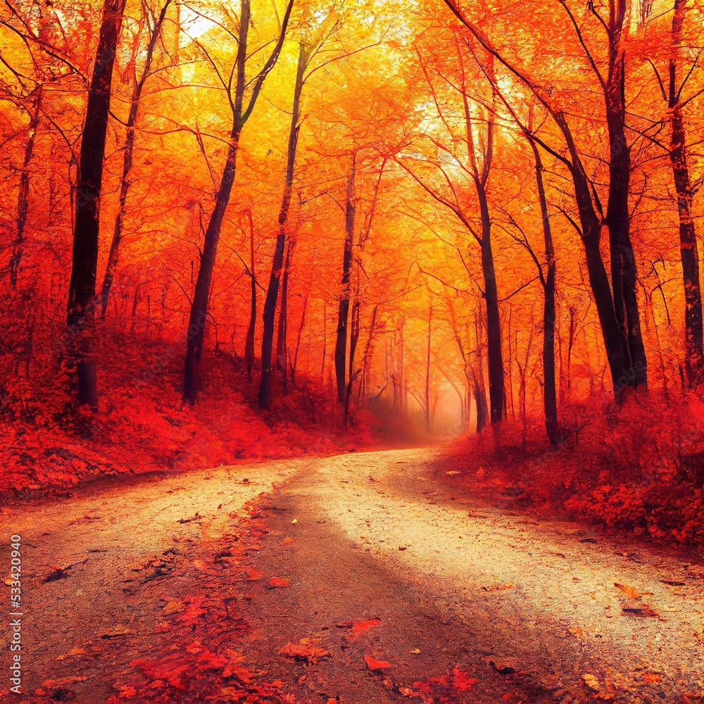 autumn forest with orange leaves and a path, unpaved road throught the middle