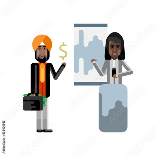 African speaker on tribune doing business presentation and indian investor holding money suitcase. Corporate multicultural business people vector illustration.