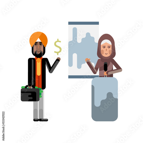 Arabic woman on tribune doing business presentation and indian investor holding money suitcase. Corporate multicultural business people vector illustration.