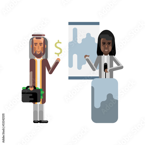 African speaker on tribune doing business presentation and arabic investor holding money suitcase. Corporate multicultural business people vector illustration.
