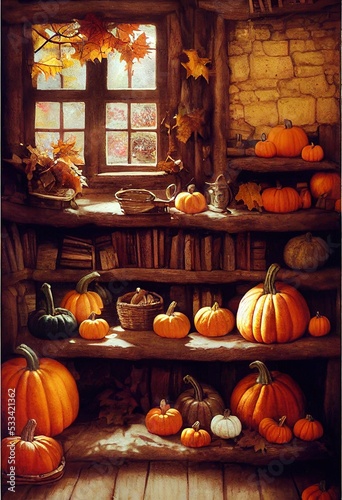 house with pumpkins and orange leaves in a halloween theme