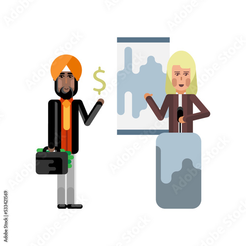 European speaker on tribune doing business presentation and indian investor holding money suitcase. Corporate multicultural business people vector illustration.