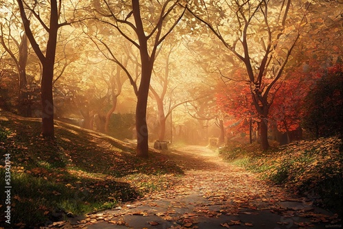 autumn forest with orange leaves and a path, unpaved road throught the middle © Youk