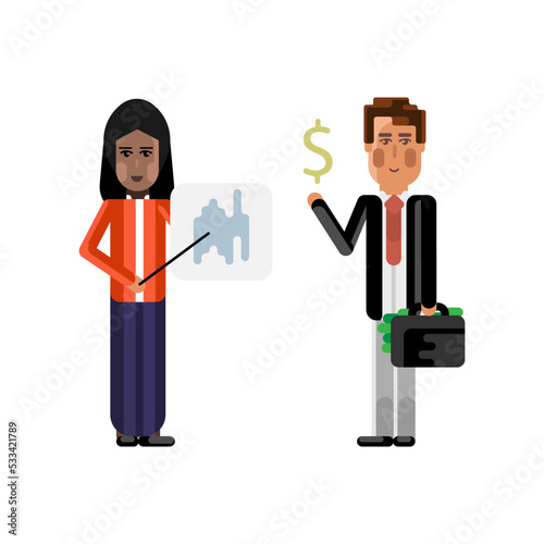 Indian woman doing business presentation with financial diagram and european investor holding money suitcase. Corporate multicultural business people vector illustration.
