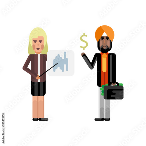Blonde woman doing business presentation with financial diagram and indian investor holding money suitcase. Corporate multicultural business people vector illustration.
