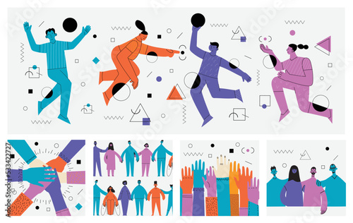 Young men and women with abstract geometric shapes. Team building and teamwork concept. Business partnership, cooperation and communication. Modern flat cartoon style.