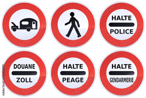 Free Download Collection of circular red, black and white road prohibition signs with the prohibition to pedestrians, vehicles towing a caravan and halt police, toll, gendarmerie in English, French and German - GFXLoad