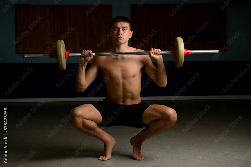 Nineteen year old teen boy exercising with a barbell shirtless Nineteen year old teen boy exercising with a barbell shirtless