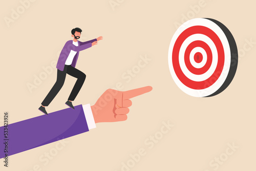 Big hand pointing to the target and a man want to reach the target. Pointing concept. Flat vector illustrations isolated.