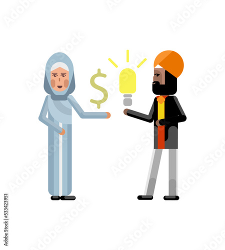 Indian businessman holding idea light bulb and arabic businesswoman in hijab with dollar sign in hand. Corporate multicultural business people vector illustration.