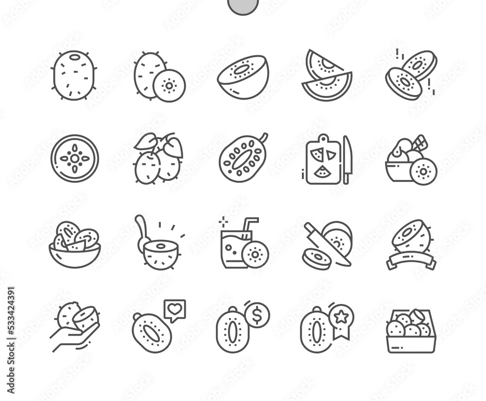 Kiwi fruit. Whole and cut kiwi. Food shop, supermarket. Menu for cafe. Kiwi juice. Pixel Perfect Vector Thin Line Icons. Simple Minimal Pictogram Kiwi fruit. Whole and cut kiwi. Food shop, supermarket. Menu for cafe. Kiwi juice. Pixel Perfect Vector Thin Line Icons. Simple Minimal Pictogram