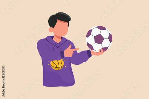 Young boy holding with hand and finger pointing the ball. Pointing concept. Flat vector illustrations isolated.
