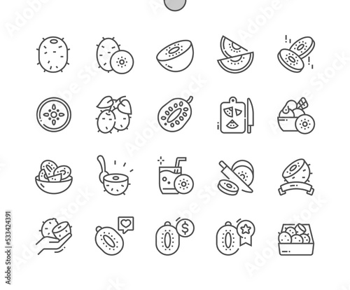 Kiwi fruit. Whole and cut kiwi. Food shop, supermarket. Menu for cafe. Kiwi juice. Pixel Perfect Vector Thin Line Icons. Simple Minimal Pictogram