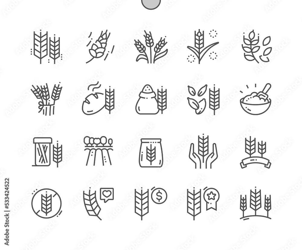 Wheat. Nature vegetable organic food nutrition. Buy, price and product reviews. Pixel Perfect Vector Thin Line Icons. Simple Minimal Pictogram - obrazy, fototapety, plakaty 