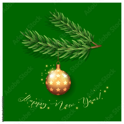 Background with vector christmas tree branches and hanging glitter ball. Realistic fir-tree border, frame isolated on white. Great for christmas cards, banners, flyers, party posters.
