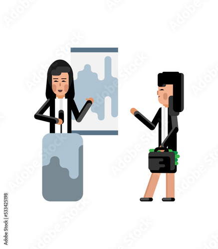 Asian speaker on tribune doing business presentation and businesswoman holding money suitcase isolated vector illustration.