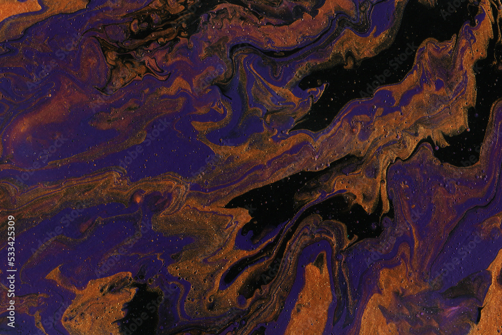 Acrylic texture made in fluid pour technique.  Background in purple, gold and black colors.