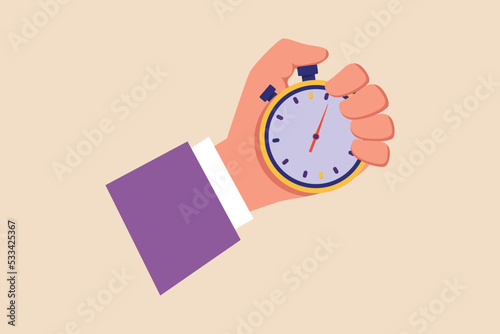 Businessman holding a stopwatch. Stopwatch in hand. Timer concept. Vector illustration.