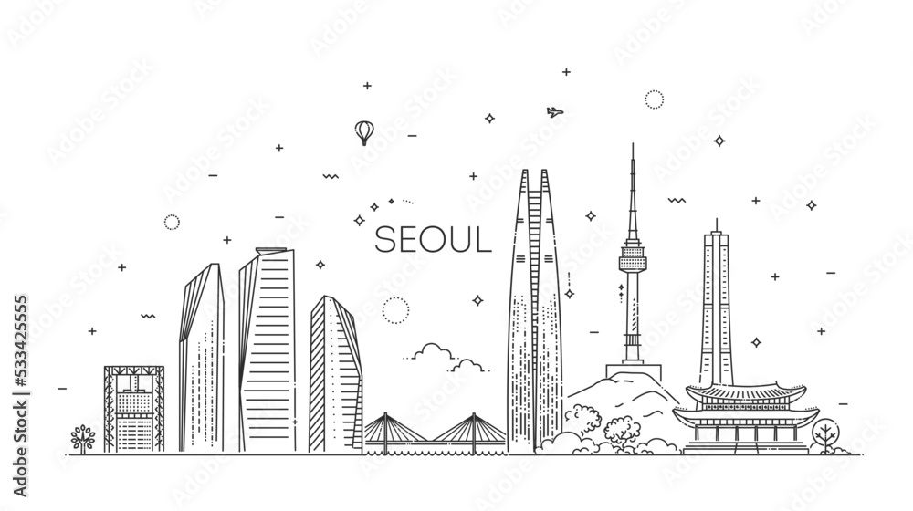 City of Seoul, South Korea architecture line skyline illustration City of Seoul, South Korea architecture line skyline illustration