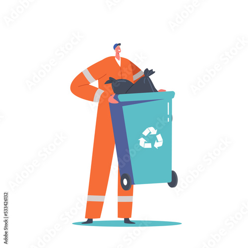 Janitor Male Character Wear Orange Uniform with Recycling Litter Bin for Sorting Wastes Isolated on White Background