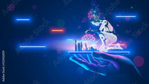 AI in phones assistants communications with smart city infrastructure. Robot cyborg woman with artificial intelligence standing on screen phone in hand human. Futuristic technology of communications.