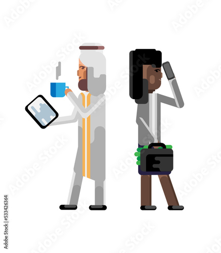 Arabic businessman with tablet computer and african businesswoman with money suitcase and mobile phone. Corporate multicultural business people isolated vector illustration.