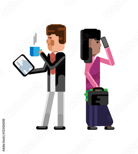 European businessman with tablet computer and indian businesswoman with money suitcase talking on phone. Corporate multicultural business people isolated vector illustration.