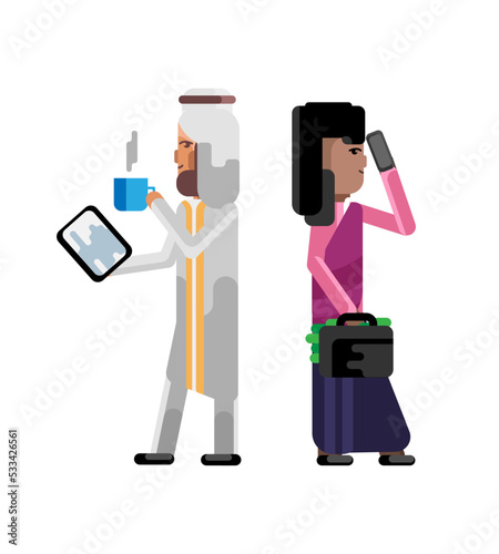 Arabic businessman with tablet computer and indian businesswoman with money suitcase and mobile phone. Corporate multicultural business people isolated vector illustration.