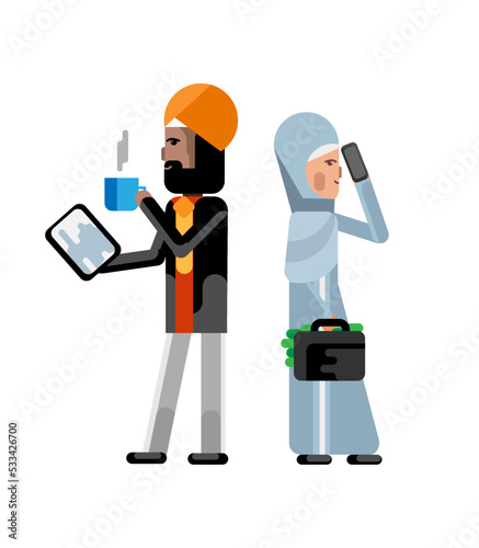 Indian businessman with tablet computer and arabic businesswoman with money suitcase and mobile phone. Corporate multicultural business people isolated vector illustration.