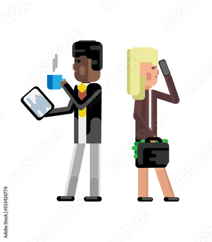 African businessman with tablet computer and blonde businesswoman with money suitcase talking on phone. Corporate multicultural business people isolated vector illustration.