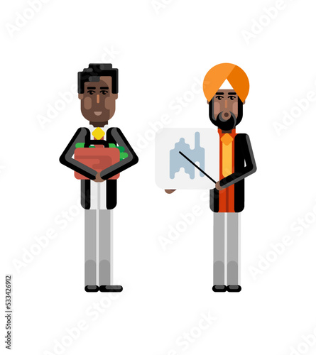 Indian businessman showing financial diagram and african investor holding money suitcase. Corporate multicultural business people isolated vector illustration.