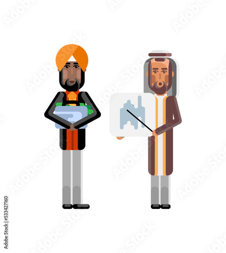 Arabic businessman showing financial diagram and indian investor holding money suitcase. Corporate multicultural business people isolated vector illustration.