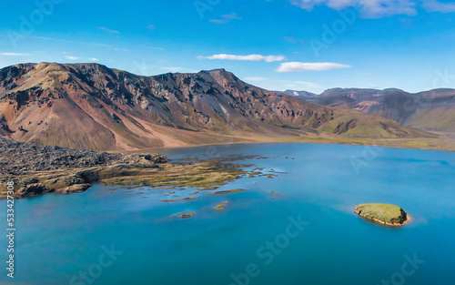 Lake and mountains of Landmannalaugar landscape in summer season  aerial view - Iceland - Europe