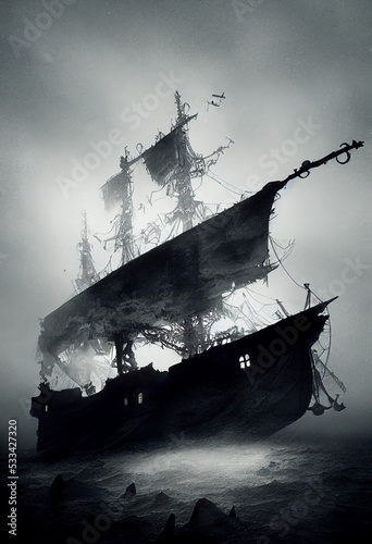 Fotografia old Ship in with broken sail and dark weather at night