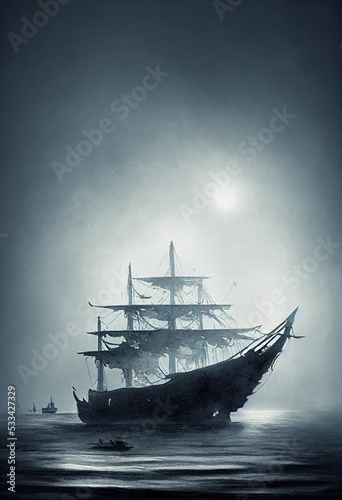 old Ship in with broken sail and dark weather at night