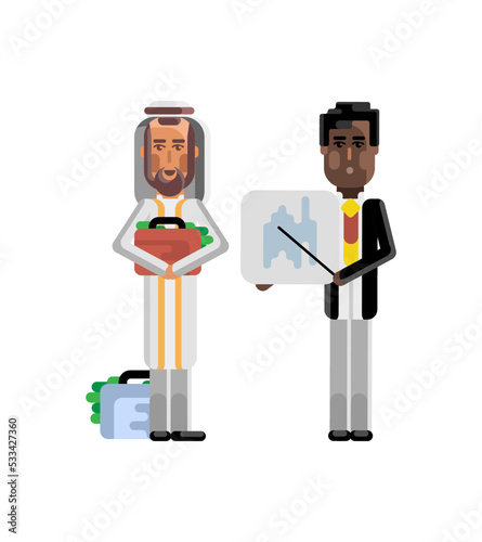 African businessman showing financial diagram and arabic investor holding money suitcase. Corporate multicultural business people isolated vector illustration.