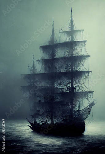 Fotografiet old Ship in with broken sail and dark weather at night