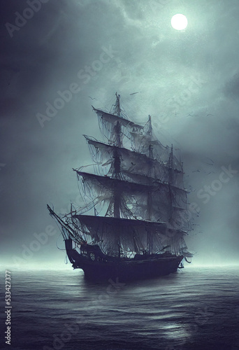 old Ship in with broken sail and dark weather at night