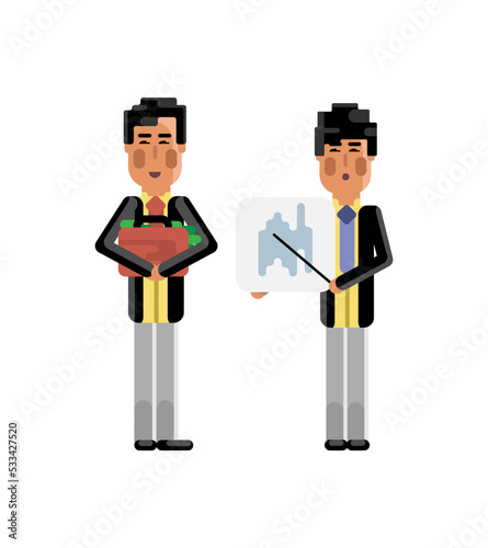 Asian businessman showing financial diagram and investor holding money suitcase. Corporate business people isolated vector illustration.