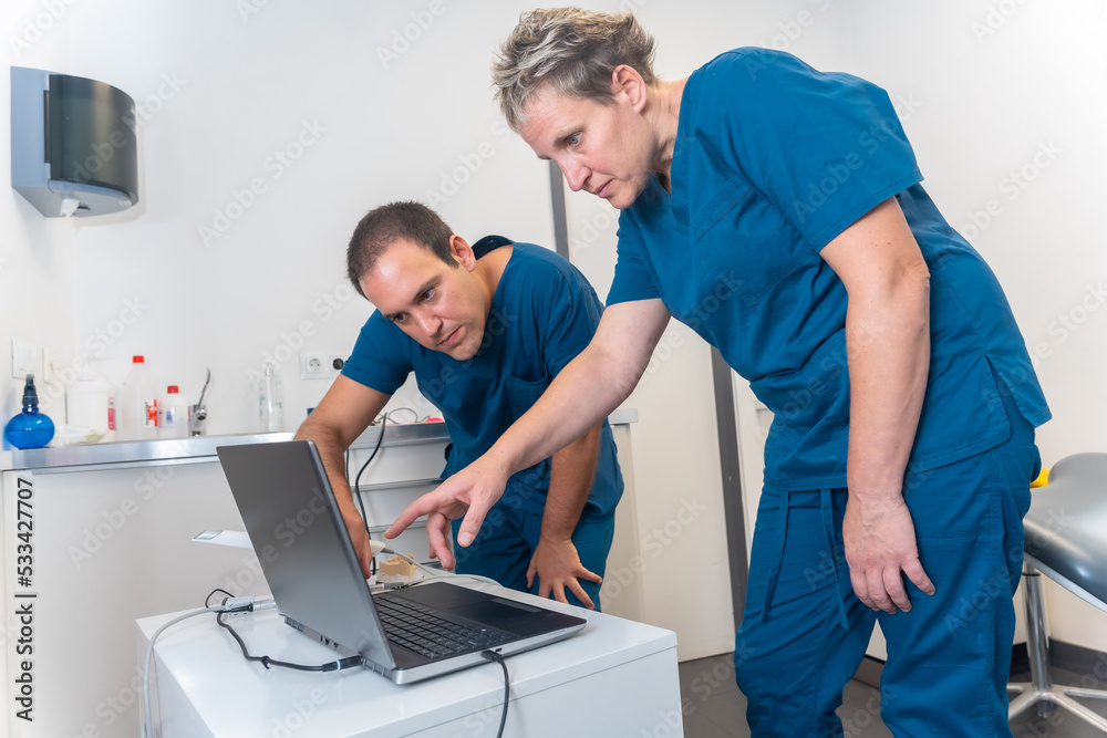 A doctor in the dental clinic explaining to a female doctor how to scan a denture with a computer A doctor in the dental clinic explaining to a female doctor how to scan a denture with a computer