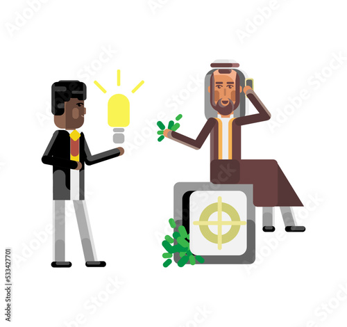 African businessman holding idea light bulb and arabic investor with smartphone sitting on bank safe full of money. Corporate multicultural business people isolated vector illustration.