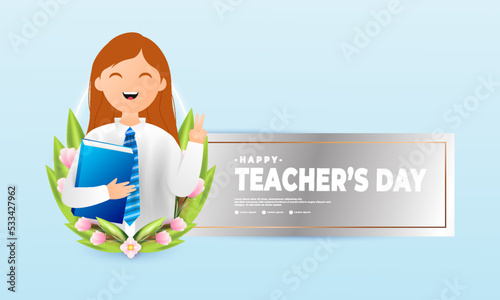 blue teacher's day greeting vector illustration with cloud, ribbon, balloon and book elements