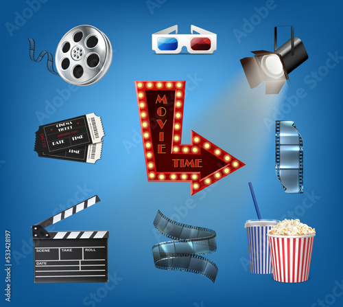 3d realistic style vector icon. Collection of movie cinema icons, 3d glasses, tape, popcorn, clapper, spotlight, arrow.