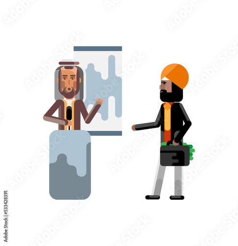 Arabic speaker on tribune doing business presentation and indian investor holding money suitcase. Corporate multicultural business people isolated vector illustration.