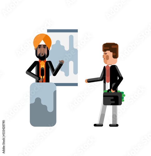 Indian speaker on tribune doing business presentation and european investor holding money suitcase. Corporate multicultural business people isolated vector illustration.