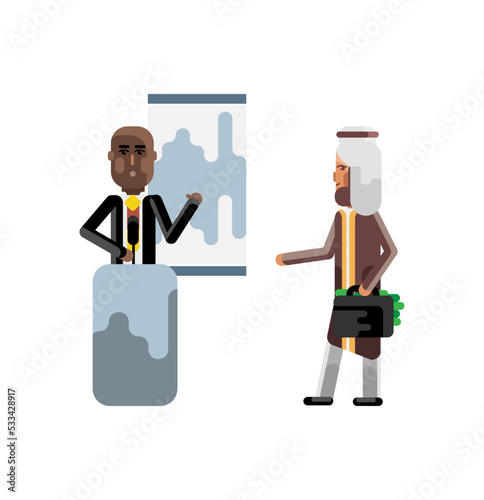 African speaker on tribune doing business presentation and arabic investor holding money suitcase. Corporate multicultural business people isolated vector illustration.