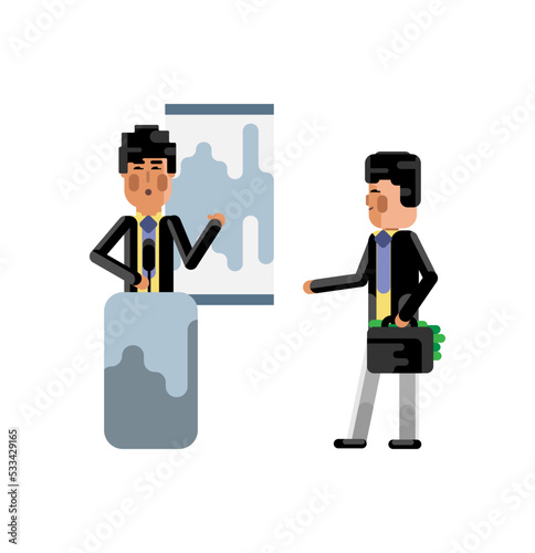 Asian speaker on tribune doing business presentation and investor holding money suitcase. Corporate business people isolated vector illustration.